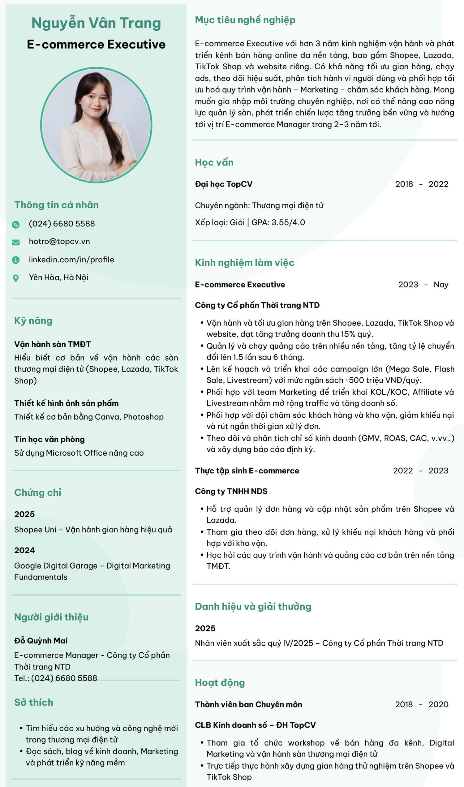 Mẫu CV E-commerce executive ấn tượng